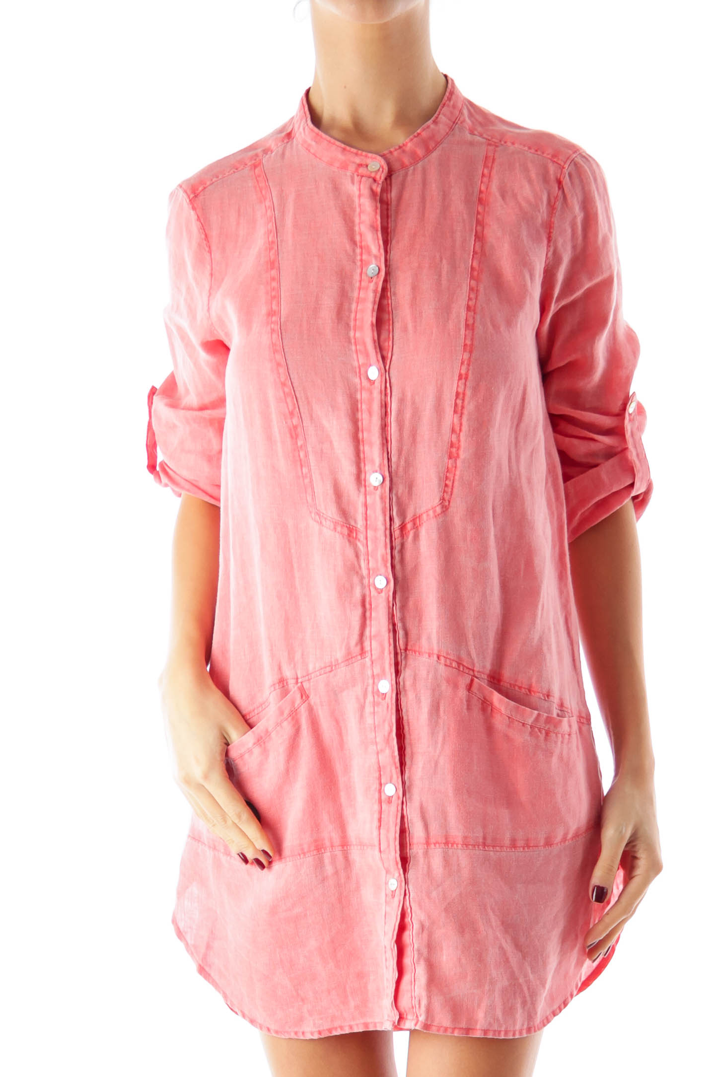 pink linen shirt dress