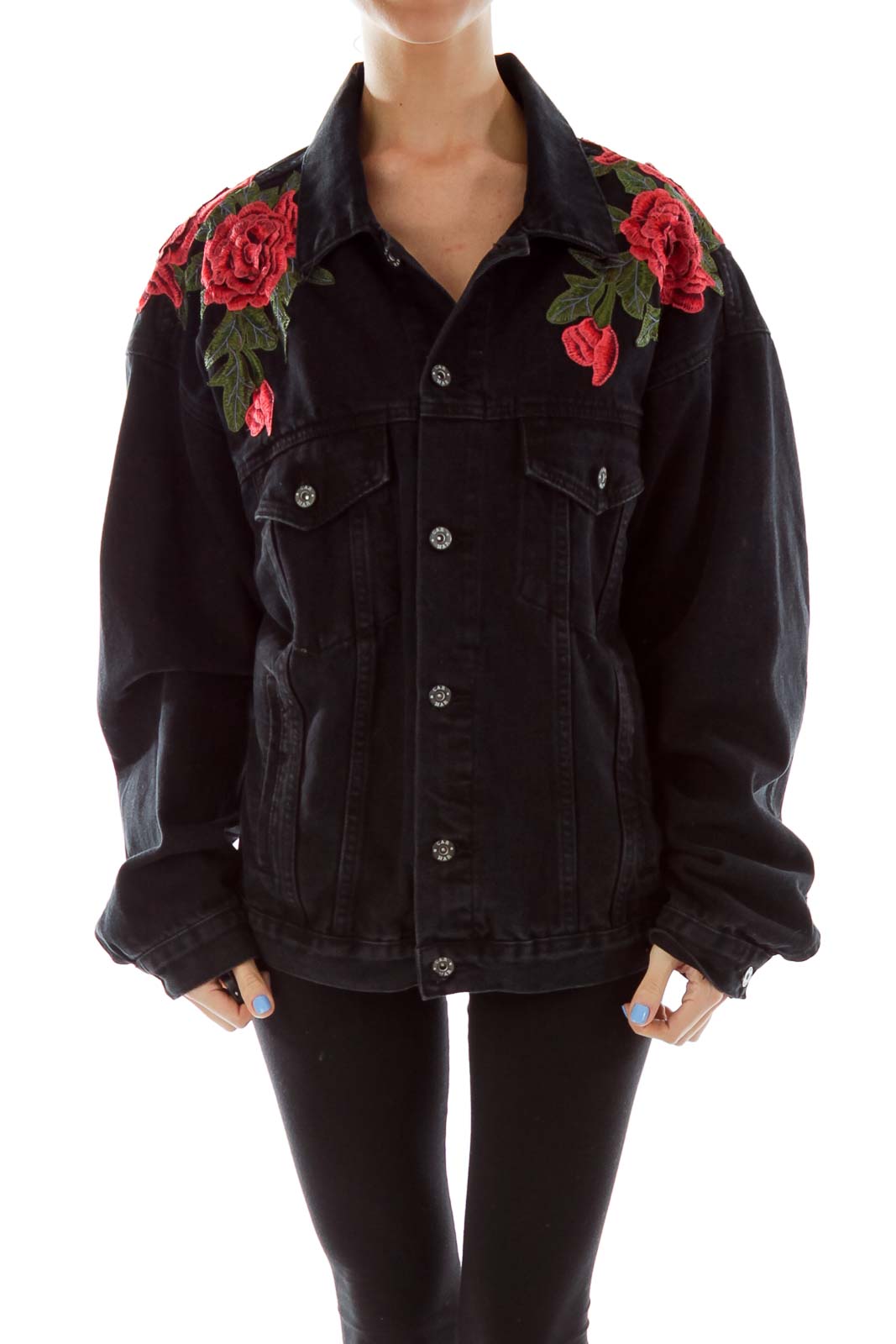 embroidered black denim jacket